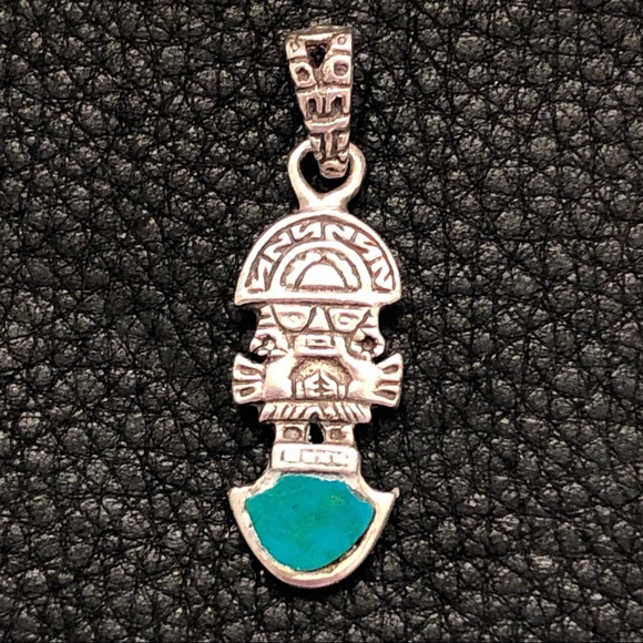 Vintage Inca Tumi Sterling Silver Chrysocolla  Inlay Pendant Charm - Picture 1 of 7
